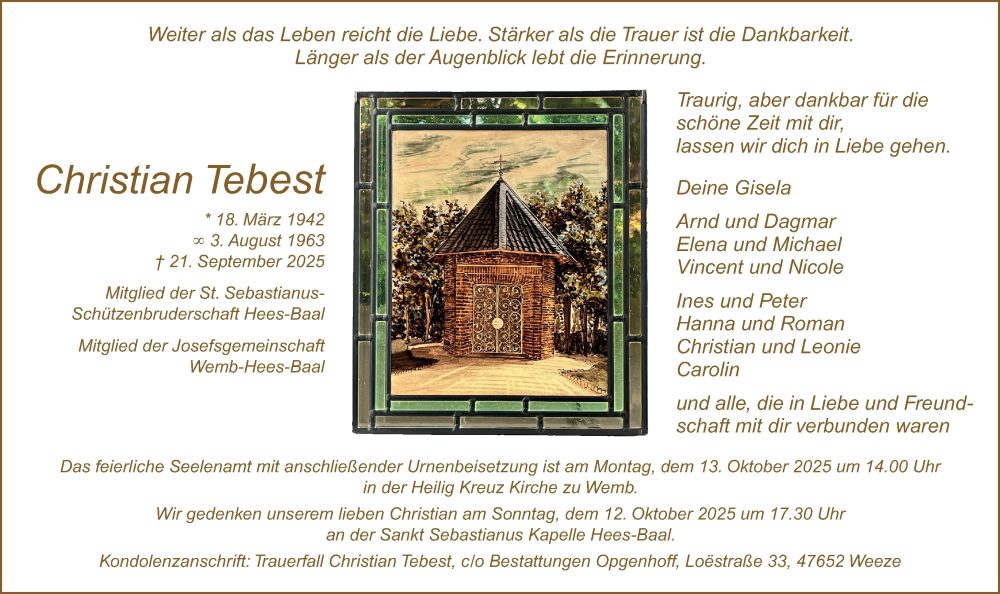  Traueranzeige für Christian Tebest vom 04.10.2025 aus NNA