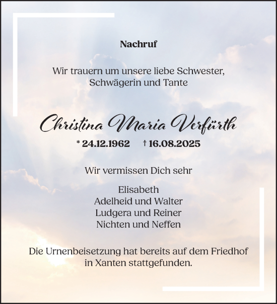 Traueranzeige von Christina Maria Verfürth von NNA