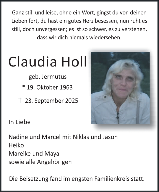 Traueranzeige von Claudia Holl von NNA