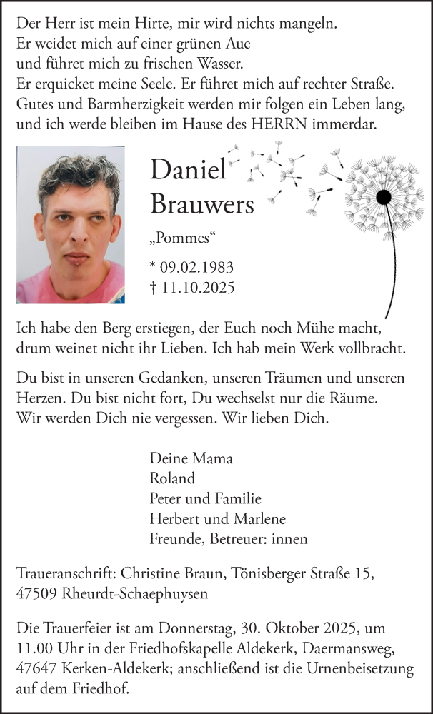  Traueranzeige für Daniel Brauwers vom 25.10.2025 aus NNA