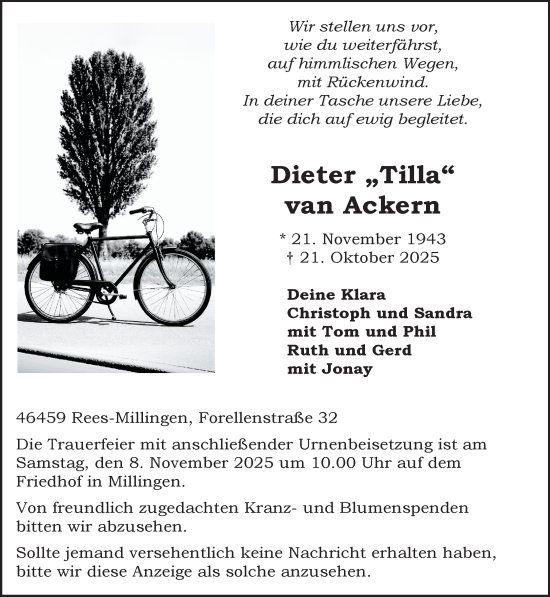 Traueranzeige von Dieter van Ackern von NNA