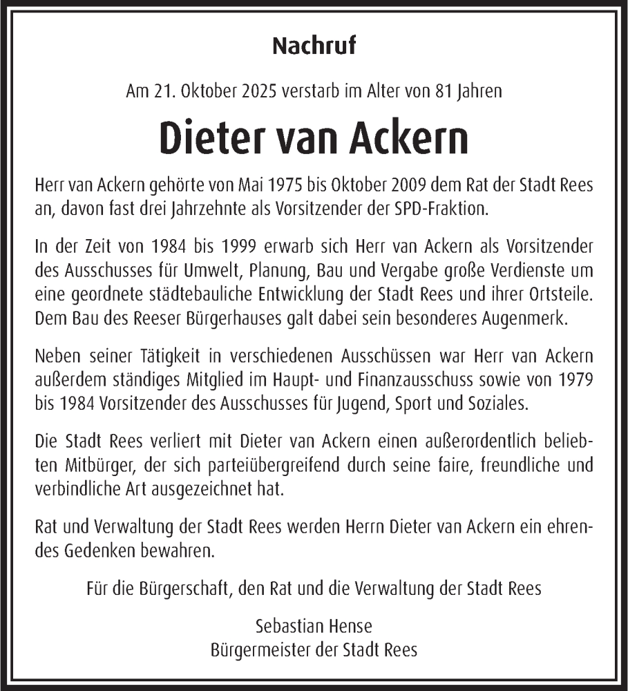  Traueranzeige für Dieter van Ackern vom 31.10.2025 aus NNA