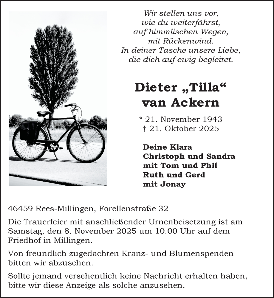  Traueranzeige für Dieter van Ackern vom 31.10.2025 aus NNA