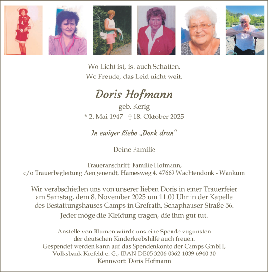 Traueranzeige von Doris Hofmann von NNA