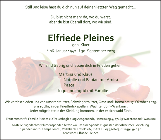Traueranzeige von Elfriede Pleines von NNA