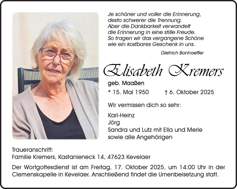  Traueranzeige für Elisabeth Kremers vom 11.10.2025 aus NNA