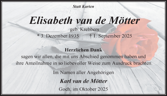 Traueranzeige von Elisabeth van de Mötter von NNA