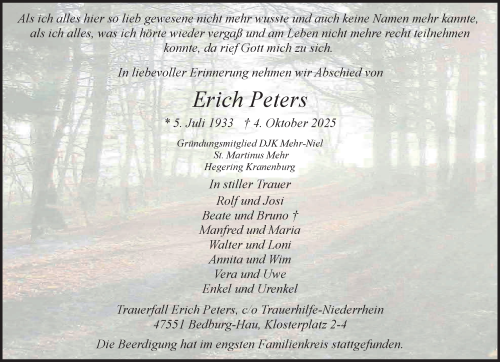  Traueranzeige für Erich Peters vom 31.10.2025 aus NNA