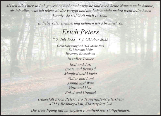 Traueranzeige von Erich Peters von NNA