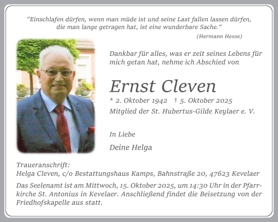 Traueranzeige von Ernst Cleven von NNA