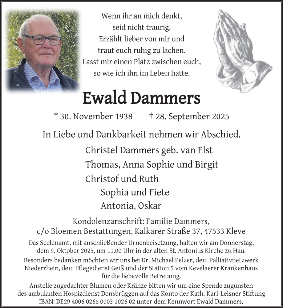  Traueranzeige für Ewald Dammers vom 04.10.2025 aus NNA