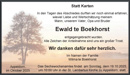 Traueranzeige von Ewald te Boekhorst von NNA