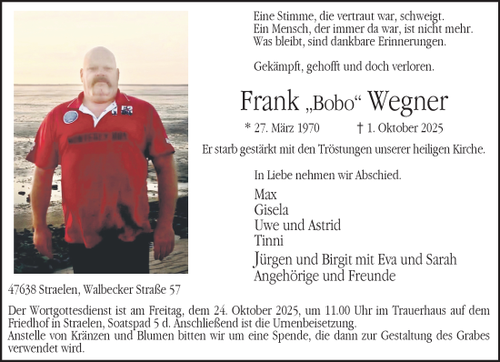 Traueranzeige von Frank Wegner von NNA