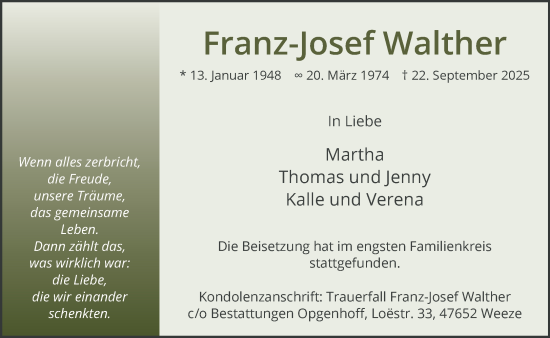 Traueranzeige von Franz-Josef Walther von NNA