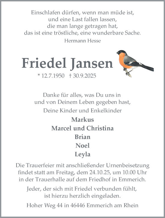 Traueranzeige von Friedel Jansen von NNA