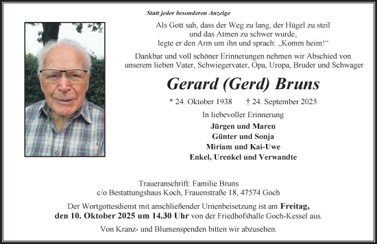 Traueranzeige von Gerard Bruns von NNA