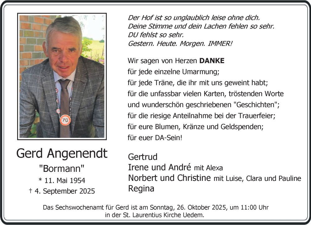  Traueranzeige für Gerd Angenendt vom 18.10.2025 aus NNA