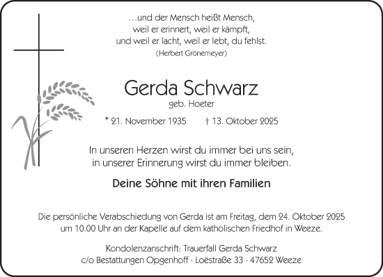 Traueranzeige von Gerda Schwarz von NNA