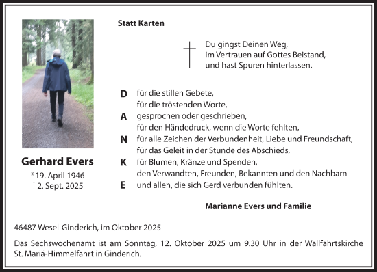 Traueranzeige von Gerhard Evers von NNA