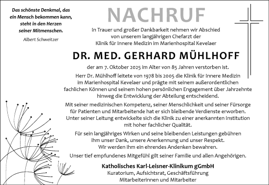 Traueranzeige von Gerhard Mühlhoff von NNA