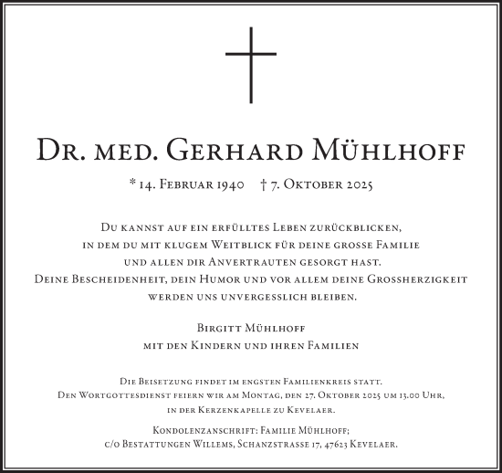 Traueranzeige von Gerhard Mühlhoff von NNA