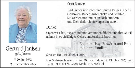 Traueranzeige von Gertrud Janßen von NNA