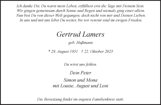 Traueranzeige von Gertrud Lamers von NNA