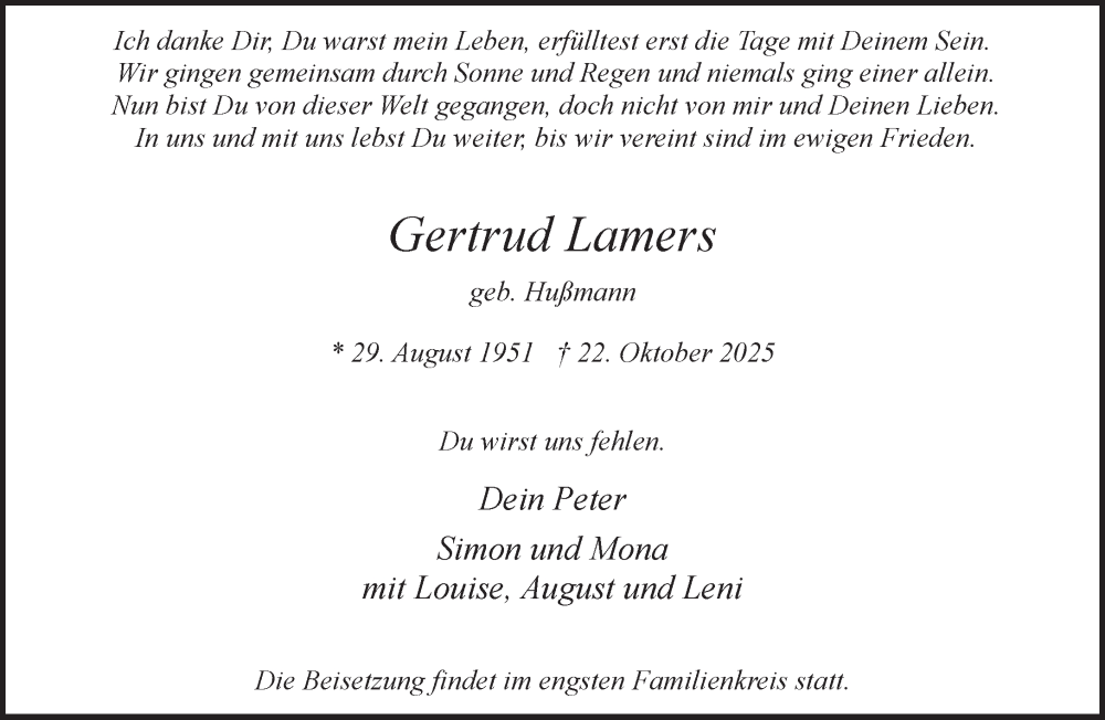  Traueranzeige für Gertrud Lamers vom 31.10.2025 aus NNA