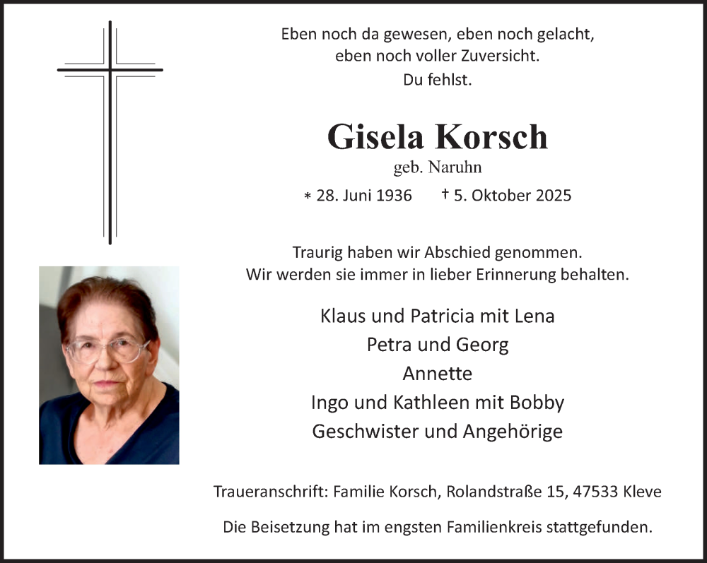  Traueranzeige für Gisela Korsch vom 11.10.2025 aus NNA