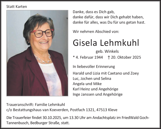 Traueranzeige von Gisela Lehmkuhl von NNA