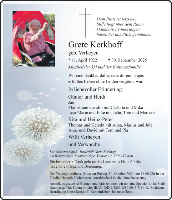 Traueranzeige von Grete Kerkhoff von NNA