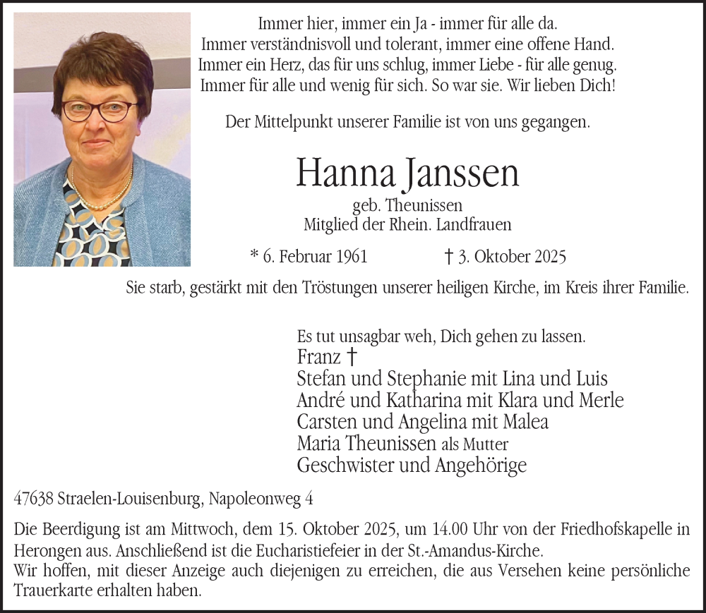  Traueranzeige für Hanna Janssen vom 11.10.2025 aus NNA