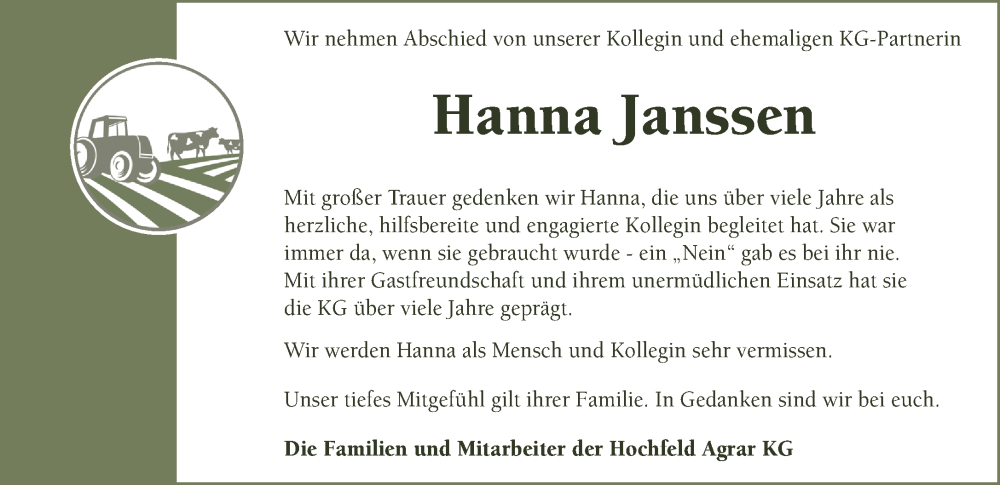  Traueranzeige für Hanna Janssen vom 11.10.2025 aus NNA