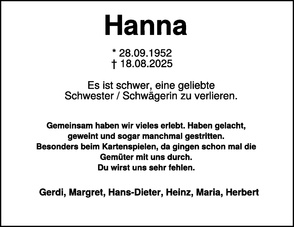  Traueranzeige für Hanna Stenmans vom 04.10.2025 aus NNA