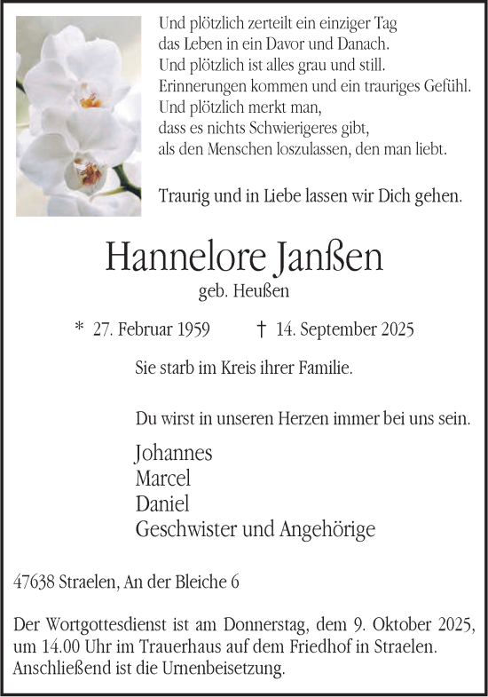 Traueranzeige von Hannelore Janßen von NNA