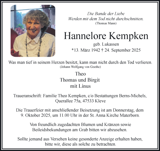 Traueranzeige von Hannelore Kempken von NNA