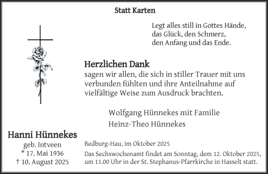 Traueranzeige von Hanni Hünnekes von NNA