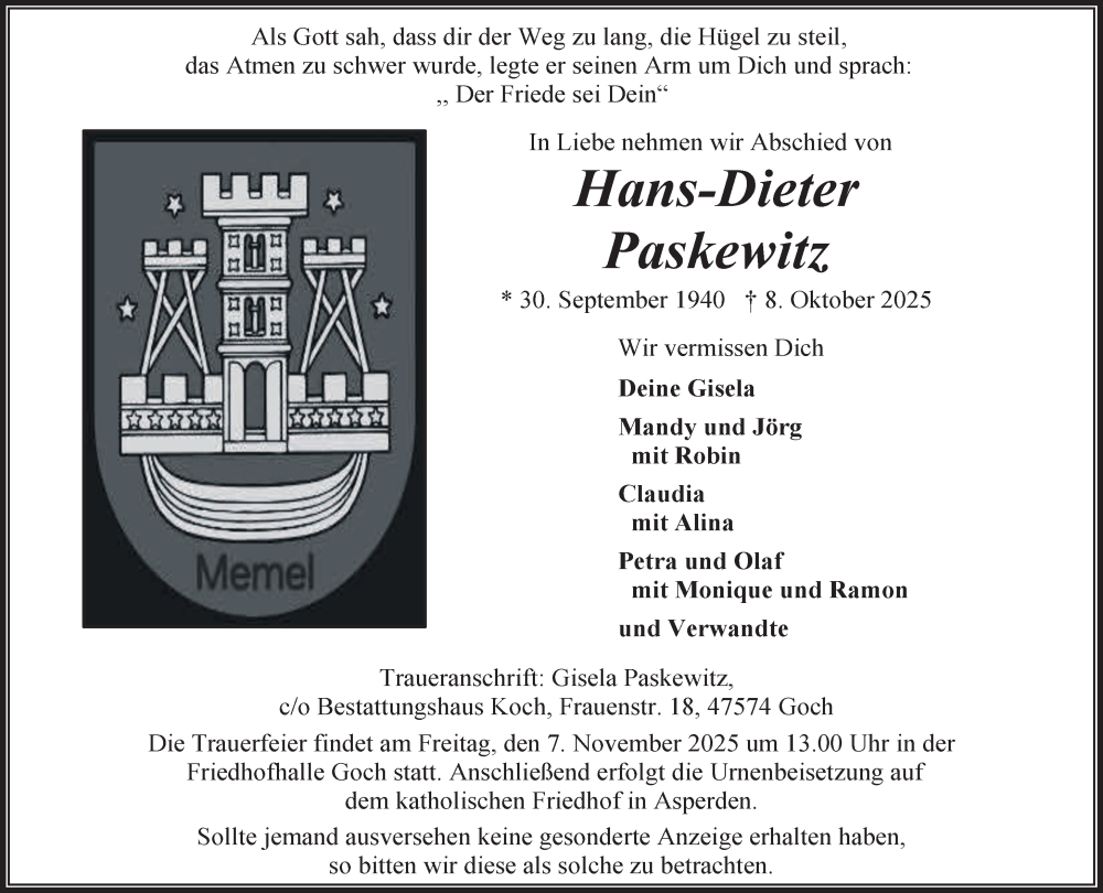  Traueranzeige für Hans-Dieter Paskewitz vom 31.10.2025 aus NNA