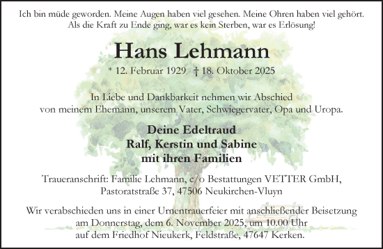 Traueranzeige von Hans Lehmann von NNA