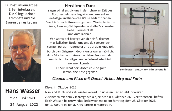 Traueranzeige von Hans Wasser von NNA