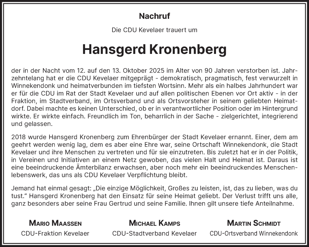  Traueranzeige für Hansgerd Kronenberg vom 25.10.2025 aus NNA