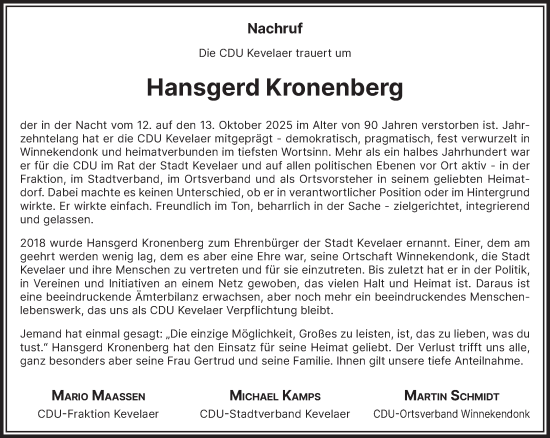 Traueranzeige von Hansgerd Kronenberg von NNA
