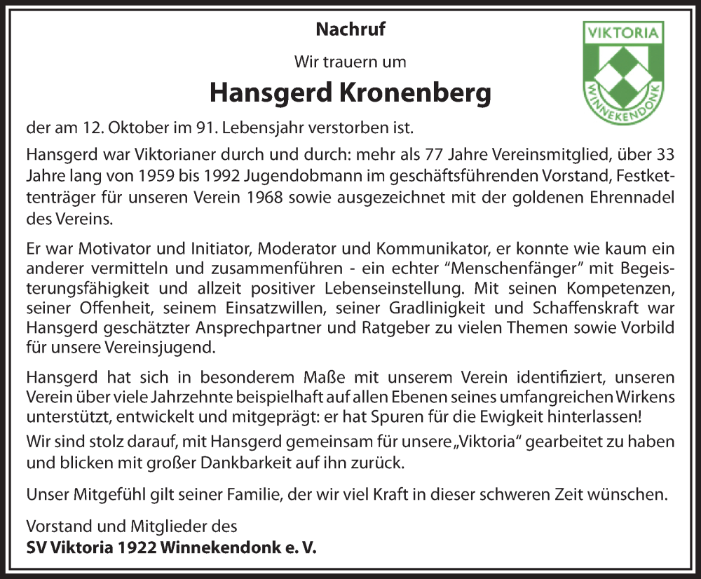  Traueranzeige für Hansgerd Kronenberg vom 25.10.2025 aus NNA