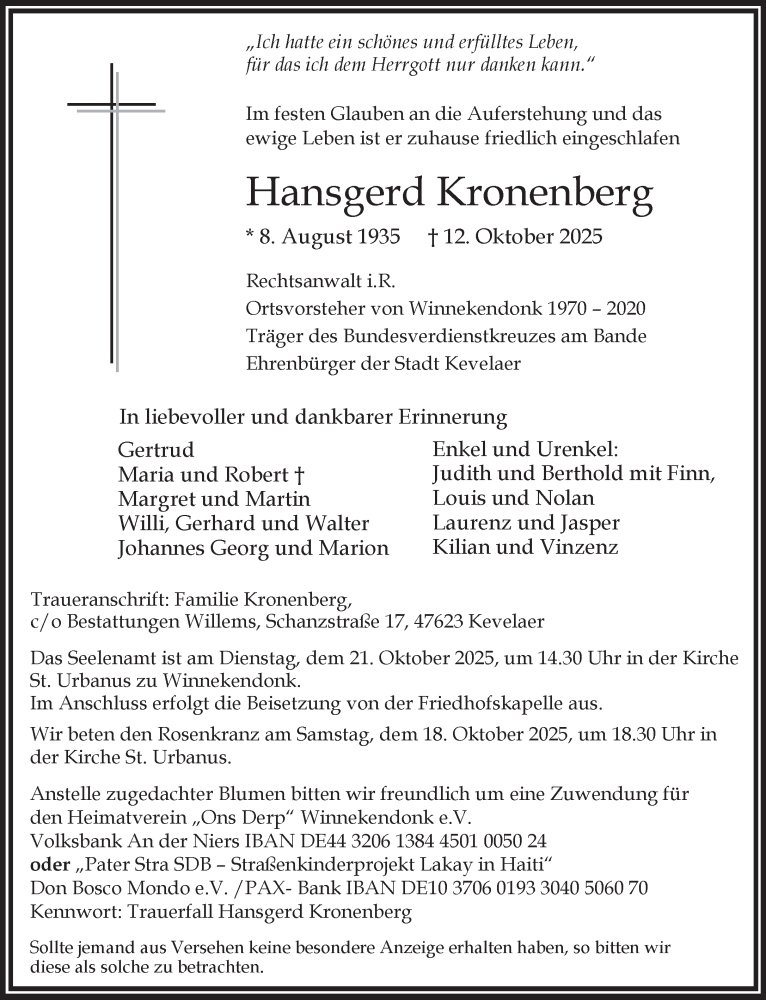  Traueranzeige für Hansgerd Kronenberg vom 18.10.2025 aus NNA