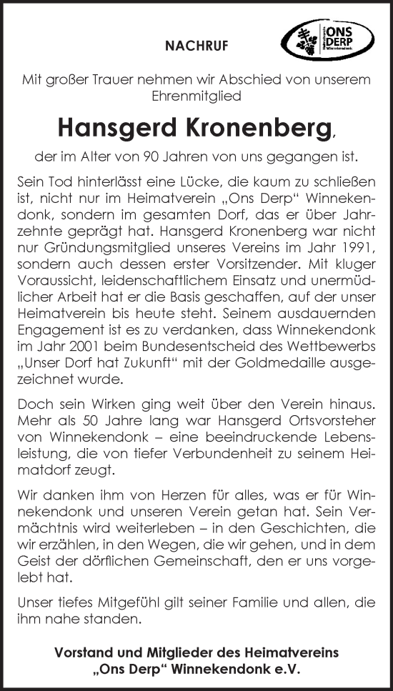 Traueranzeige von Hansgerd Kronenberg von NNA