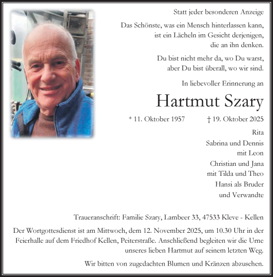 Traueranzeige von Hartmut Szary von NNA