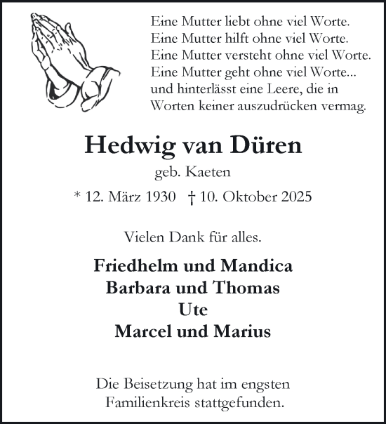 Traueranzeige von Hedwig van Düren von NNA