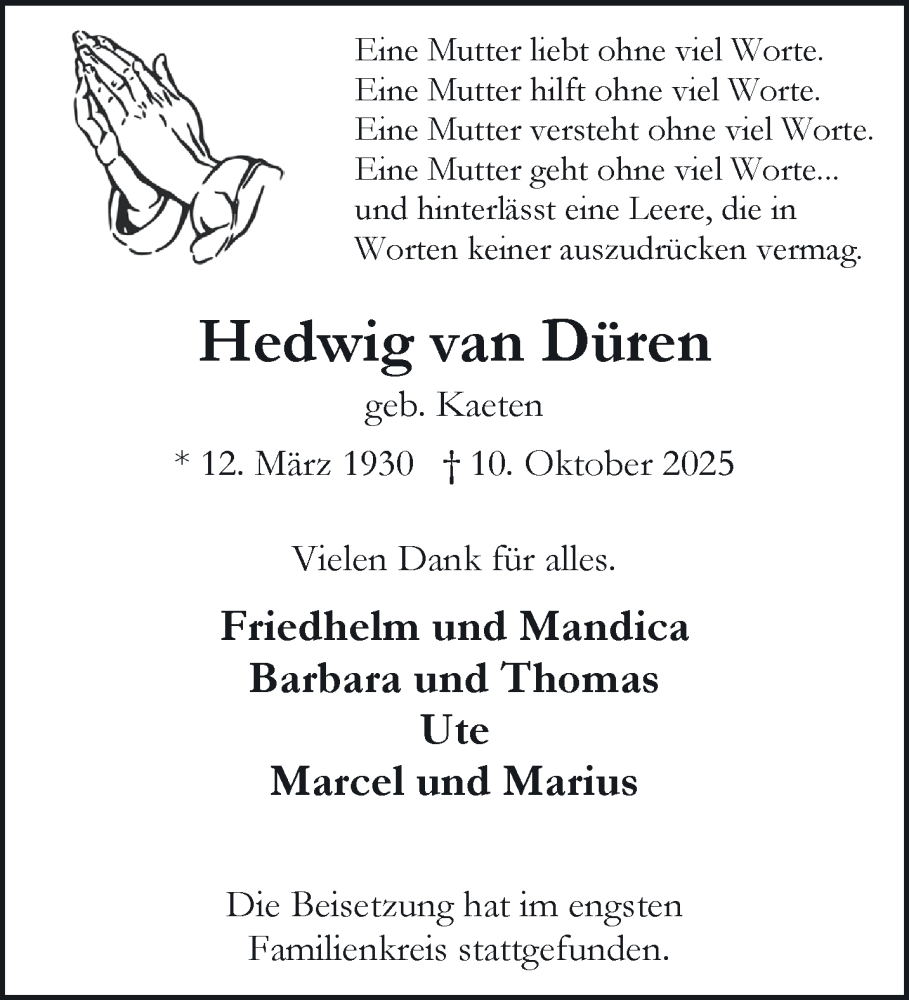  Traueranzeige für Hedwig van Düren vom 18.10.2025 aus NNA