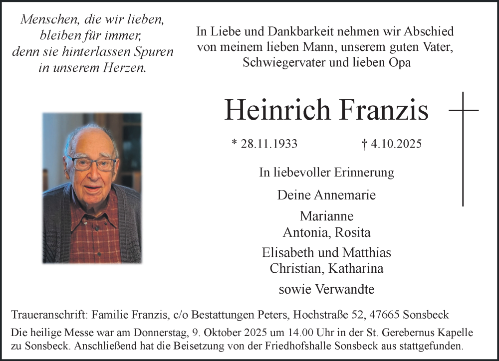  Traueranzeige für Heinrich Franzis vom 11.10.2025 aus NNA