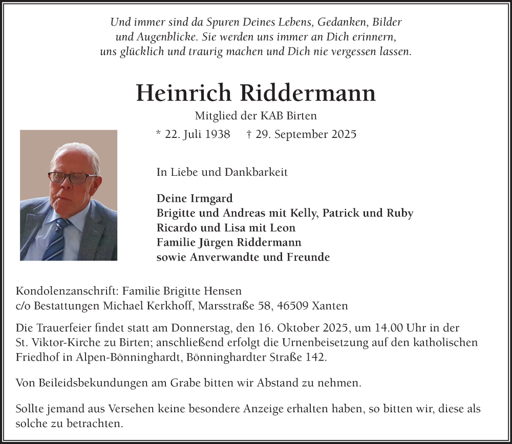  Traueranzeige für Heinrich Riddermann vom 11.10.2025 aus NNA